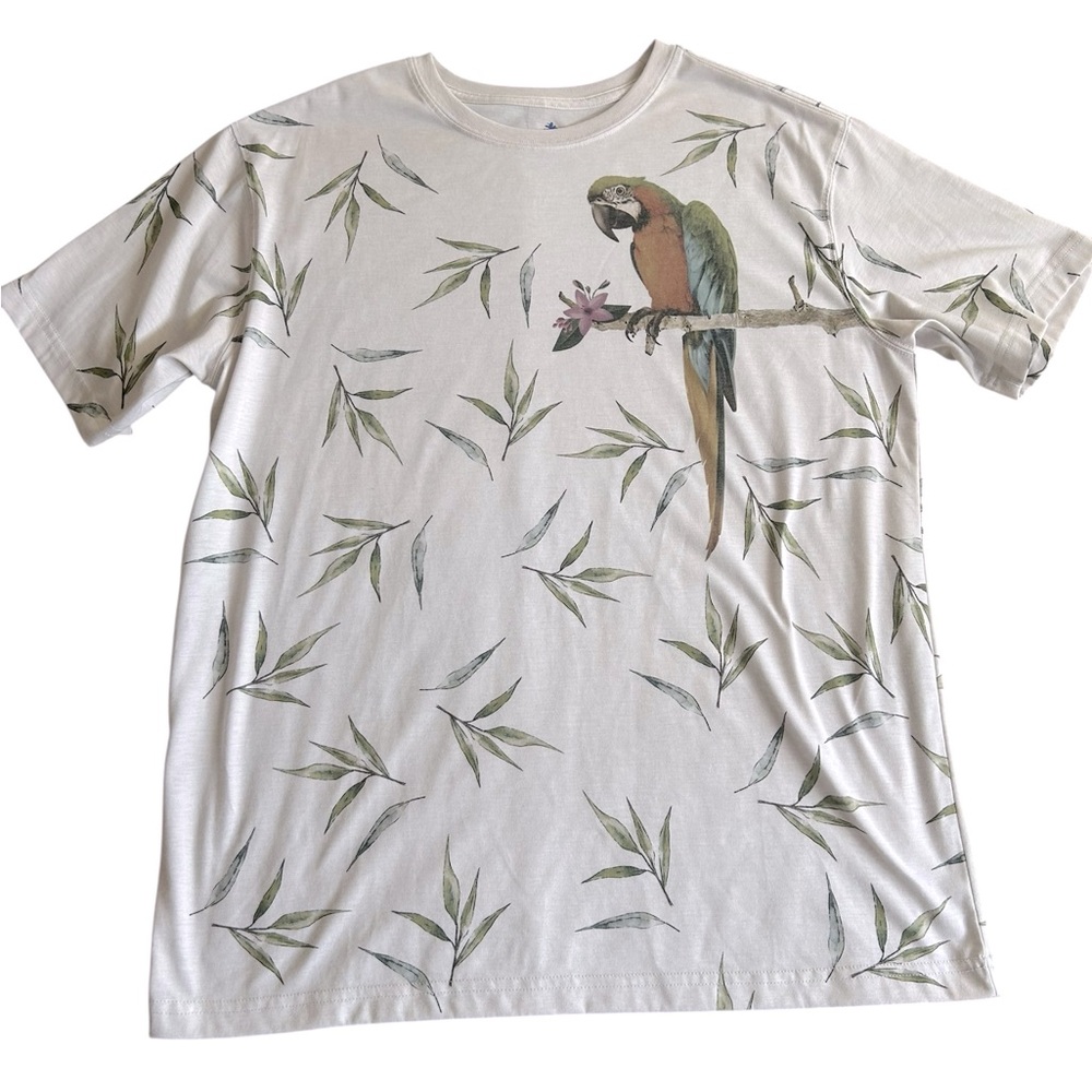 Caribbean Men’s Large Beige‎ Parrot & Leaf Print Graphic T-Shirt Short Sleeve
